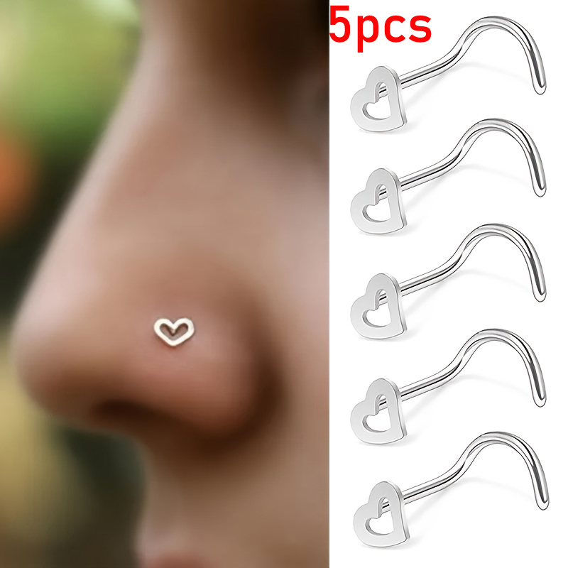 Nostril Screw Pin - 5pcs Hollow Heart Nose Stud Set