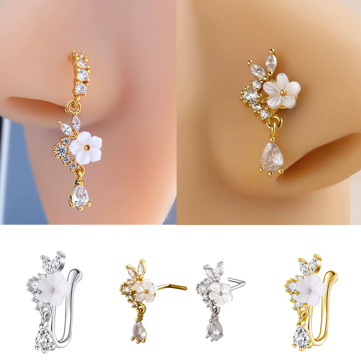 Gold Flower Nose Ring with Dan - Body Jewelry Surgical Steel review and price