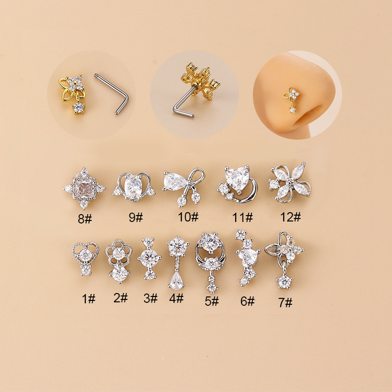 20G L-Shaped Cubic Zircon Nose - Body Jewelry Surgical Steel review and price