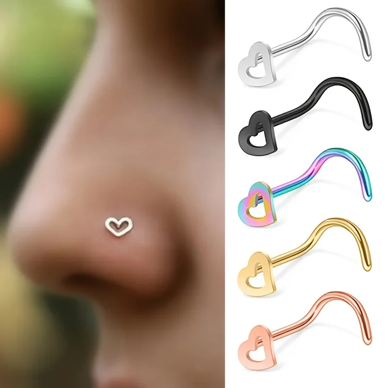 5pcs Hollow Heart Nose Stud Se - Nostril Screw Pin review and price