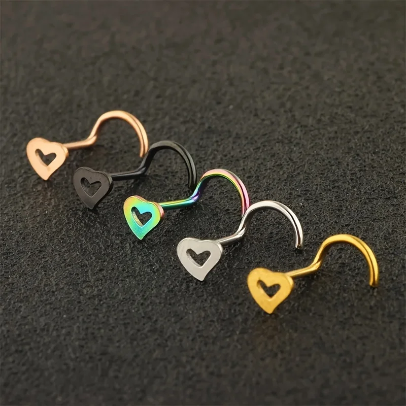 5pcs Hollow Heart Nose Stud Se - Nostril Screw Pin review and price