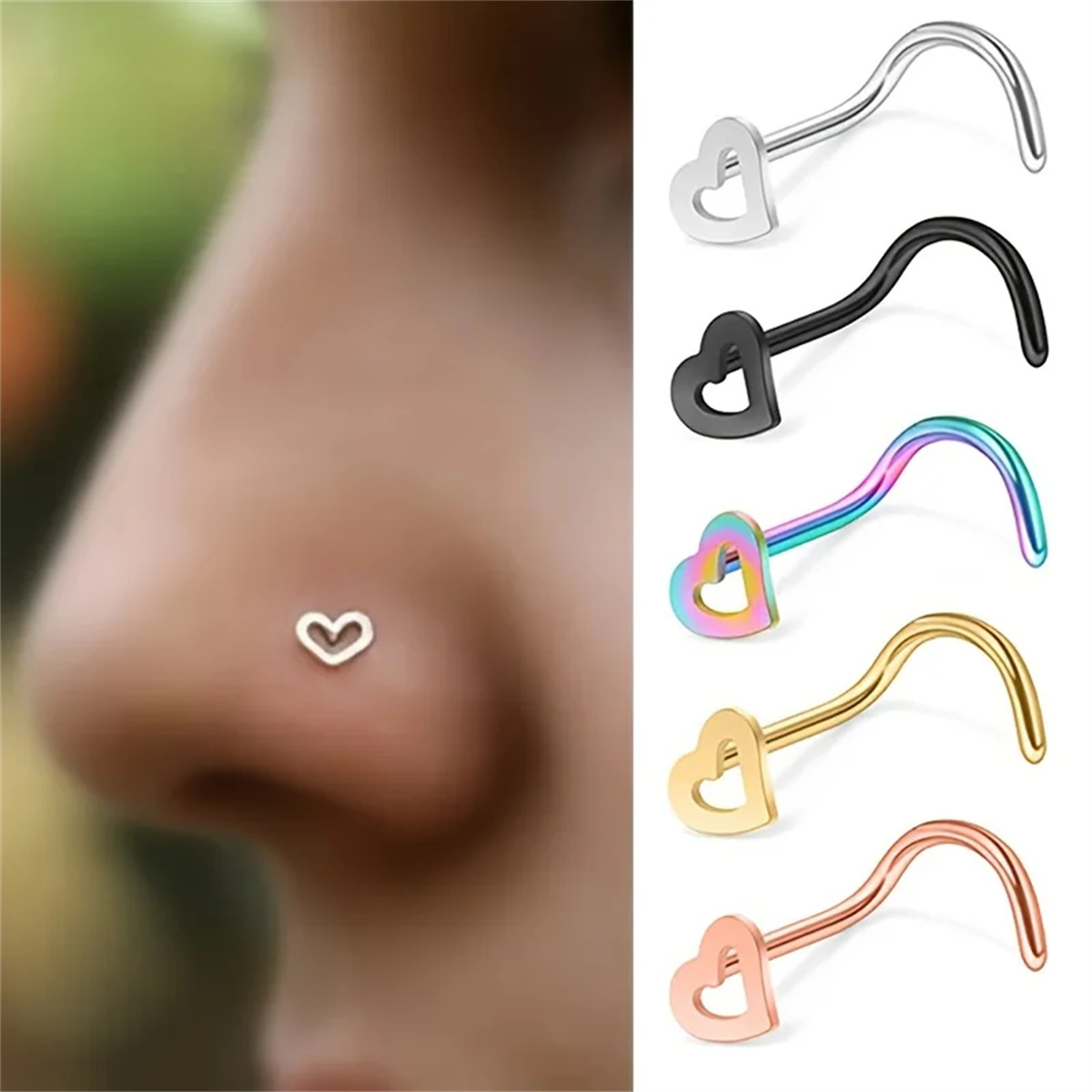 5pcs Fashion Hollow Heart Stai - Nostril Screw Pin review and price